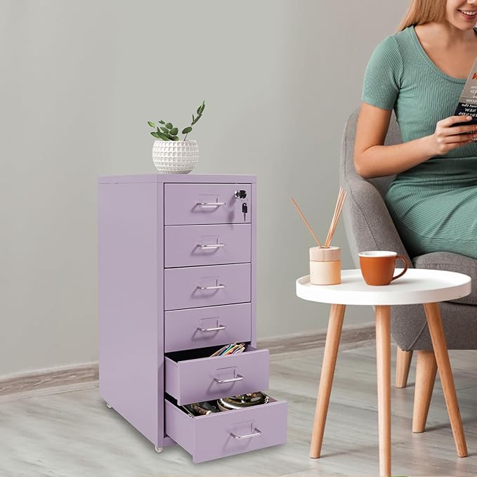 Vertical File Cabinets | 6 Drawer File Cabinet with Lock | Steel Lockable Storage Cabinets | Metal S-torage Cabinet for Home Office | storage A4/F4/Letter/Legal | With 4 Wheels | 2X Keys (Purple)