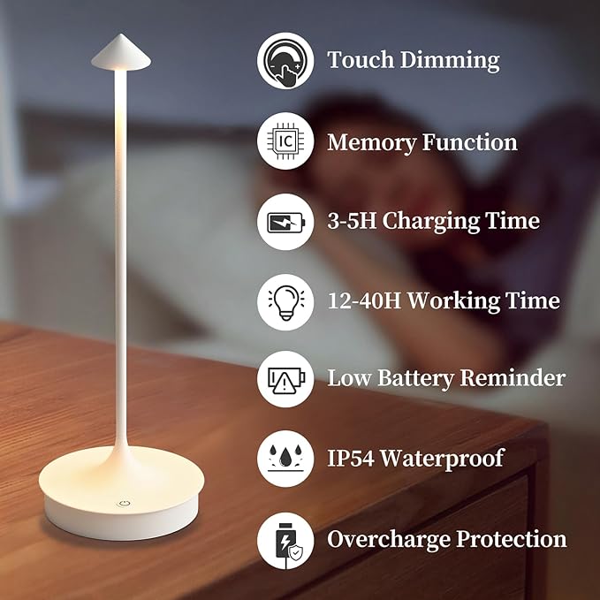 Cordless Table Lamp Rechargeable LED Battery Operated 4000mAh Table Lamp Touch Dimmable Lamp Outdoor Waterproof Portable Wireless Table Light for Dining Restaurant Bar Indoor/Outdoor Use (White-2PC)