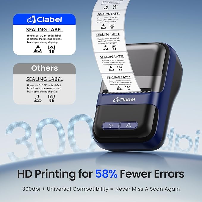 CLABEL Label Maker Machine with Tape, 300DPI Thermal Bluetooth Label Printer 2 Inch Portable Barcode Inkless Sticker for Small Business, Retail Office,Office, Home, Came with 1 Roll Label