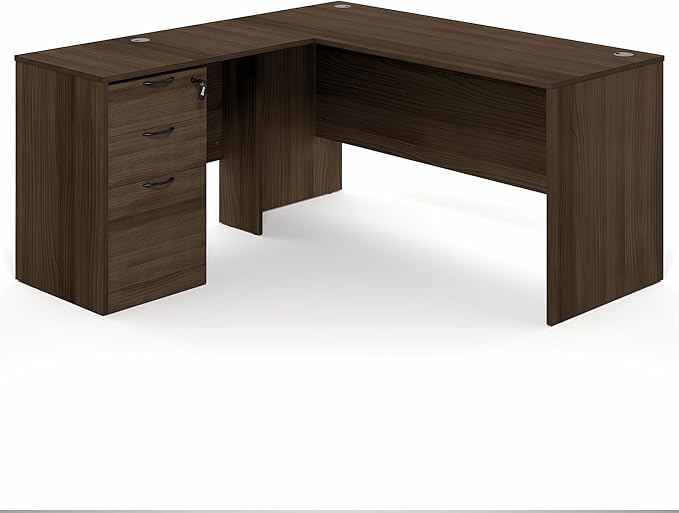 Furinno Roger 60 Inch L-Shaped Executive Desk with File Cabinet, L-Shaped Office Desk with 3-Drawer Fixed Pedestal Filing Cabinet, Desk Cord Grommet, for Home Office, Modern Walnut