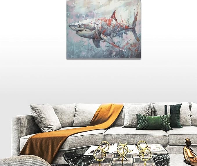 yerretin Ocean Shark Wall Art Nautical Shark Pictures Wall Decor Beach Coastal Undersea Canvas Painting Modern Artwork Home Decorations for Bathroom Bedroom Living Room Office Framed 16"x12"