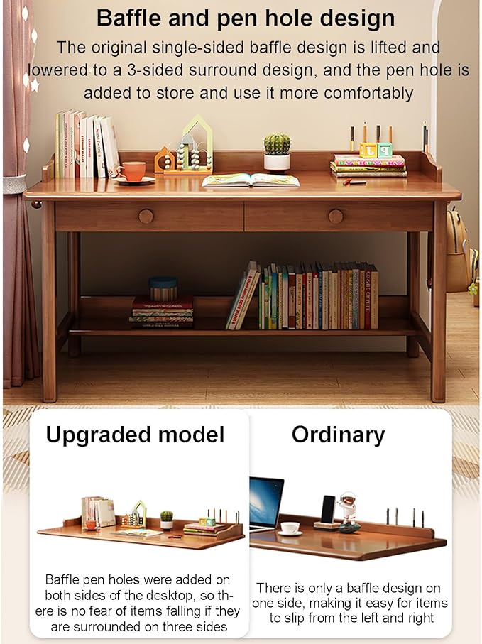 Solid Wood Writing Desk with Drawer,Mid Century Home Office Desk with Hooks,Work Study Pc Table Workstation Computer Desk with Storage Shelves for Small Spaces (80x60x75cm(31x24x30inch), White)
