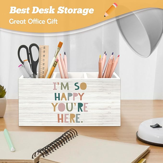 Boho Classroom Pen Holder Organizer for Desk Accessories, I'm So Happy You're Here Wooden Box Desk Decorations for Kids Room Bedroom School Decor, Boho Classroom Decor