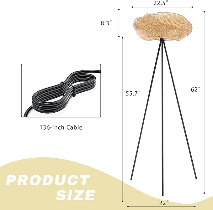 Bamboo Tripod Floor Lamp, Handwoven Lotus Shade Standing Lamp, Boho Natural Woven Light with Black Metal Stand for Living Room Bedroom,Nature