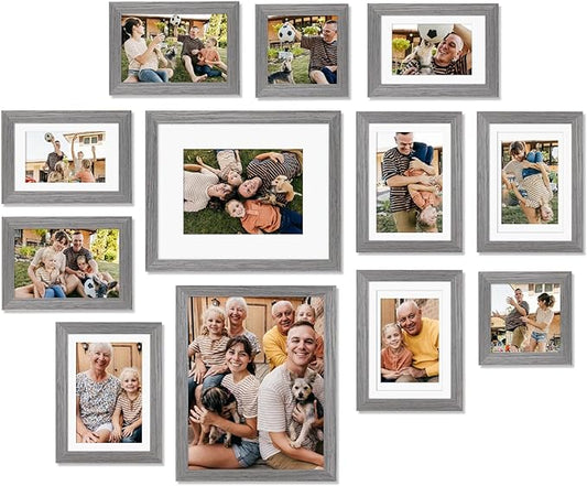 Egofine Picture Frame Set 12 Pack, Picture Frames Collage Wall Decor with Two 8x10, Four 5x7, Four 4x6, Two 4x4, Photo Frames for Wall and Tabletop, Made of Solid Wood, Covered by Plexiglass, Oak Grey
