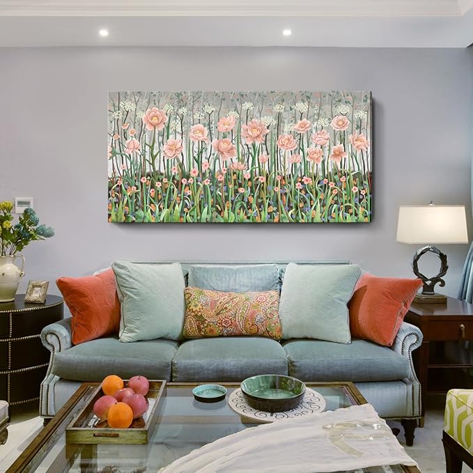 amatop Extra Large Modern Floral Canvas Print: Abstract Pink and Green Wildflowers, Stretched Ready-to-Hang Wall Art for Living Room, Bedroom, or Office (58x29 in)