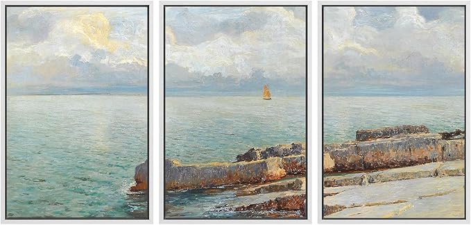 SIGNWIN Framed Canvas Print Wall Art Set Coastal Seascape Classic Ocean View with Sailboat and Rocky Shoreline Illustrations Modern Art Decorative for Living Room, Bedroom, Office - 16"x24"x3 White