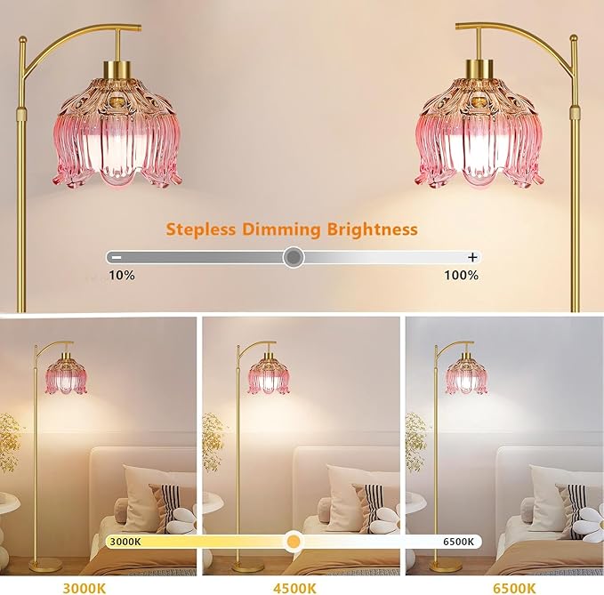 Pink Floor Lamp for Living Room,Bedroom,Glass Mid Century Modern Standing Lamp with Remote,Dimmable Gold Brass Tall Lamp Tulip Flower Arc Floor Light Boho Bohemian