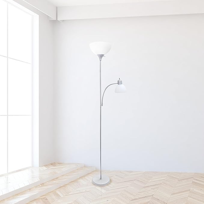 Simple Designs LF2000-SLV-LB 71.5" Traditional Floor Lamp with Adjustable Reading Light, LED Bulbs Included, Silver