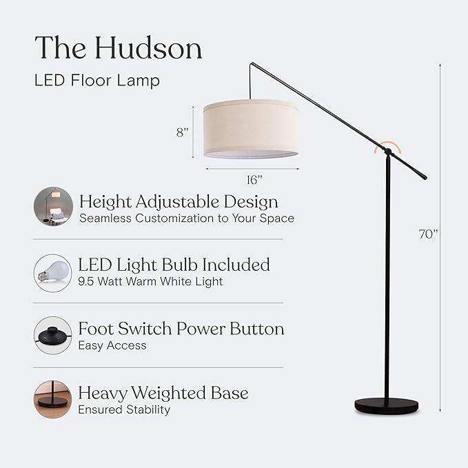 Brightech Hudson 2 - LED Floor lamp, Tall Lamp with Sturdy Base, Contemporary Arc Lamp for Living Rooms & Offices, Great Living Room Décor, Mid Century Modern for Bedroom - Jet Black