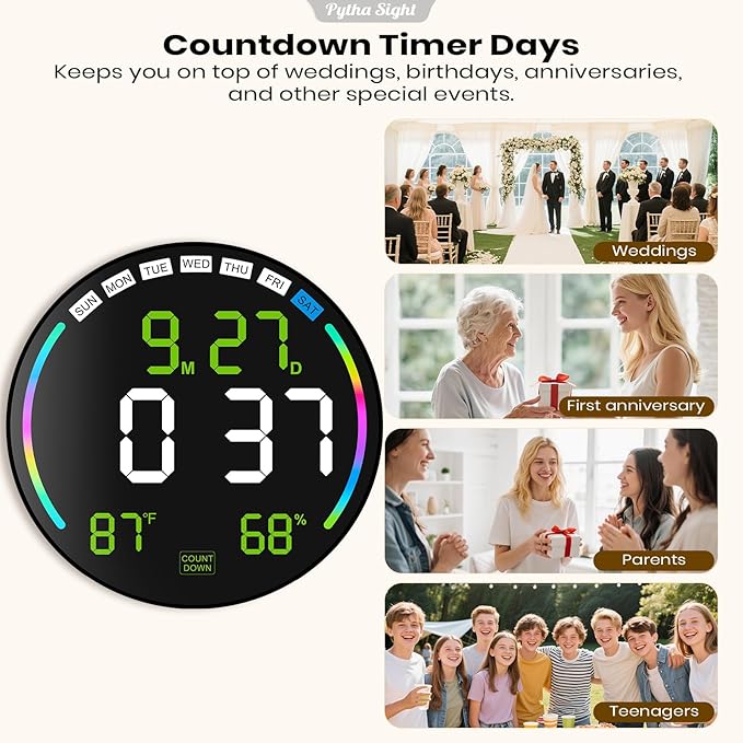 Large Digital Wall Clock with 10.3" LED Display,Alarm,Countdown Timer,DST,Temperature,Humidity,Auto-Dimming,Remote Control,Night Light for Classroom,Bedroom,Living Room,Office,Gym