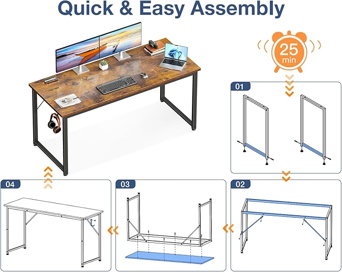 Casaottima 54 Inch Computer Desk for Home Office, Study Writing Table for Small Spaces, Simple Modern Desk with Headphone Hooks, Rustic Brown