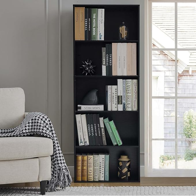 Tall Bookshelves with Cabinet, Office Storage Cabinets and Bookshelf, 5-Tier Wooden Bookcase with Storage, Floor Standing Display Cabinet Shelves for Living Room, Home Office, Black