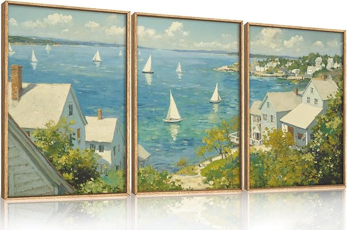 Large Coastal Sailboat Framed Canvas Wall Art Set,Summer Seascape Wall Decor,Nautical Blue Ocean Art Prints,Nature Beach Artwork for Living Room,Bedroom,Dining Room,Office-16 x24 x3