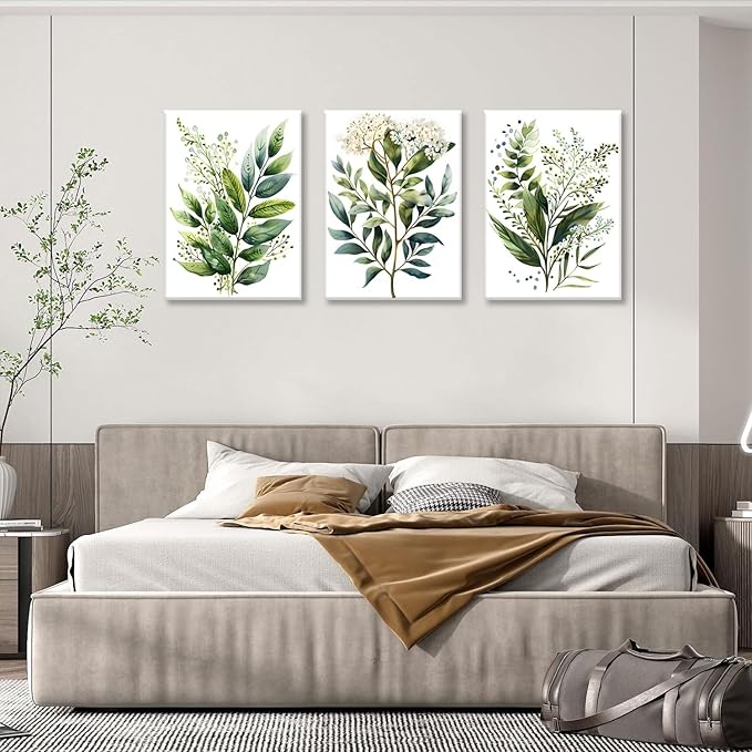 Bwodke Botanical Wall Art Plant Floral Watercolor Poster Canvas Prints Set of 3 Framed Sage Green Painting Eucalyptus Leaf Picture Modern Minimalist Home Decor Bedroom Bathroom Living Room 16"x24"