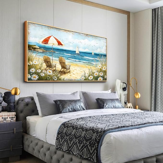 ERQINHUA Large Wall Decor Canvas Painting Wall Art For Living Room Bedroom Home Decoration Blue Seaside Landscape Painting Print For office Dining Room Bathroom Wall Aesthetics Wood Frame 30x60 In