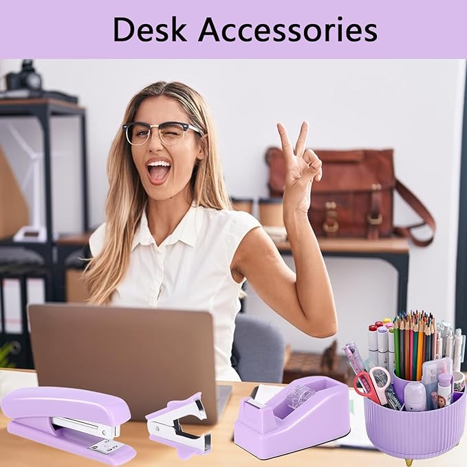 Office Supplies,Desk Accessories,with Stapler, Tape Dispenser,Desk Organizer,Folding Phone Holder,Pen,Journal Notebook,Scissor,Staple Remover,Staples,Clear Tape,Sticky Notes,Paper Clips,Bookmark,Ect