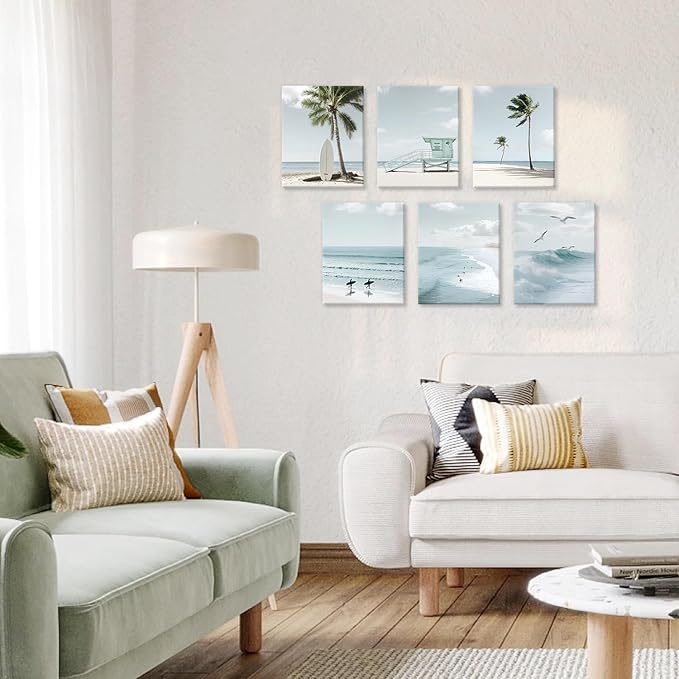 CHDITB Beach Canvas Wall Art, Coastal Palm Tree Surfboard Wall Decor, Ocean Wave Seagull Artwork, Minimalist Surfing Pictures, Tropical Beach Prints for Bathroom Living Room seaside Bedroom 8”x10”x6