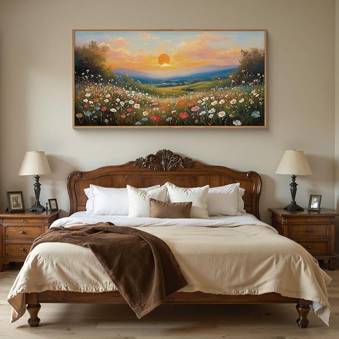 HOURIA Watercolor Spring Floral Meadow Landscape Framed Canvas Wall Art Set,Boho Vibrant Colorful Wildflower Decor,Modern Sunset Nature Inspired Scenery Artwork for Living Room,Bedroom,Farmhouse-20"x40"x1