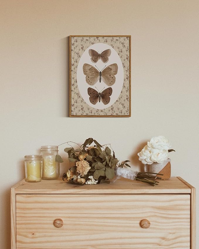 ARPEOTCY Framed Canvas Wall Art, Vintage Wall Decor, Retro Butterfly Pictures for Bedroom Bathroom Living Room, Antique Rustic Cottagecore Farmhouse Neutral Decorations, 12x16inch