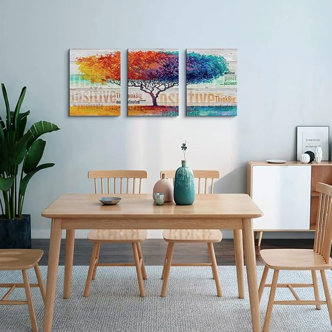 Boho Abstract Color Tree Wall Paintings - 3 Piece Set for Living Room, Bedroom, Office & Bathroom - Ready to Hang Artworks