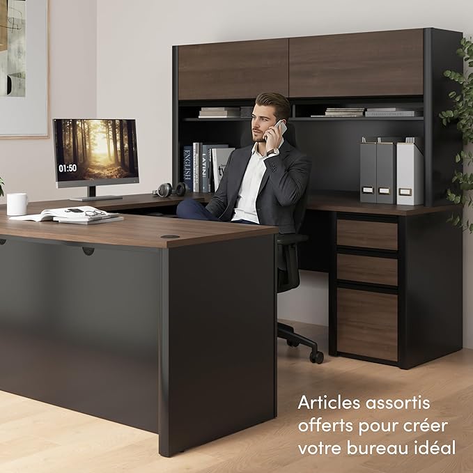 Bestar L Shaped Desk with Drawers, Hutch, and Keyboard Tray, Executive Workstation for Home or Professional Office, 72 Inches, Connexion Collection, Antigua and Black