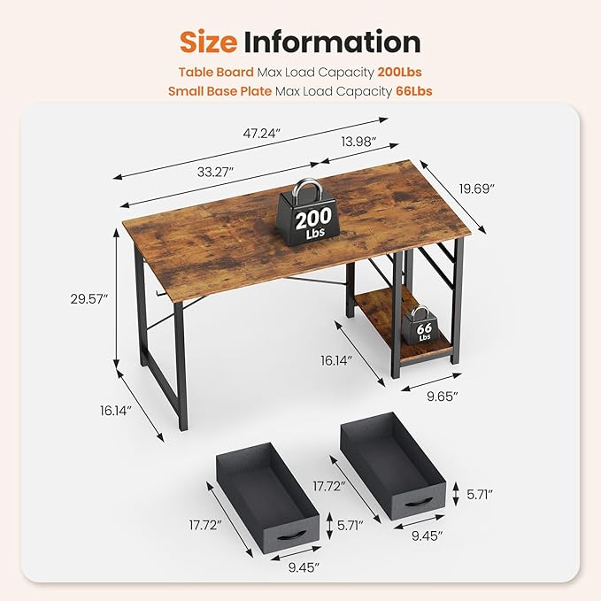 Sweetcrispy 47 Inch Computer Desk with Drawers for Home Office, Writing Desk with X-Shaped Reinforcement, Wood Table with Adjustable Position Drawers, Modern Study Work Table with Side Hook, Rust