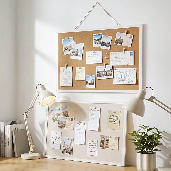 Cork Board with Linen, 30" x 20" Double-Sided Bulletin Board Corkboard for Wall Picture Display Framed Vision Boards for Home Office School Pin Boards with 20 Pushpins &10 Clips