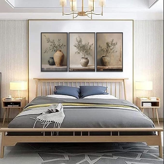 3Pcs Vintage Vase Canvas Wall Art Green Rustic Olive Branch Wall Decor Pictures Antique Still Life Plant Posters Paintings Prints for Bedroom Living Room Kitchen Artwork Home Decoration Unframed