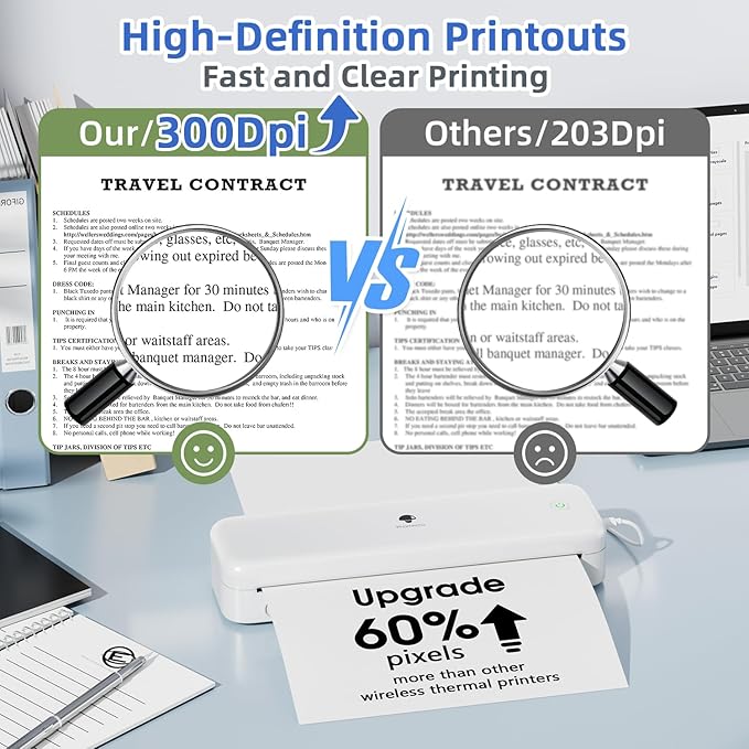 Phomemo Portable Printer, Wireless Bluetooth Thermal Printers, Support 8.5" x 11" and A4 Szie Thermal Paper, Compatible with iOS, Android & PC, Mobile Printer for Travel, Office, School, White