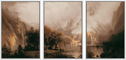 SIGNWIN Framed Canvas Print Wall Art Set Dramatic Mountain Valley Lake Landscape Illustrations Modern Art Decorative Nordic Abstract for Living Room, Bedroom, Office - 24"x36"x3 White