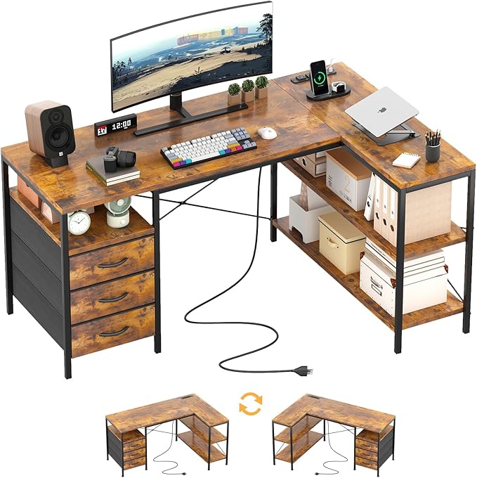 MUTUN L Shaped Computer Desk with 3 Drawers & Power Outlets, 47 Inch Corner Desk with Reversible Storage Shelves, PC Table for Home Office Bedroom (Rustic Brown, 47 Inch)