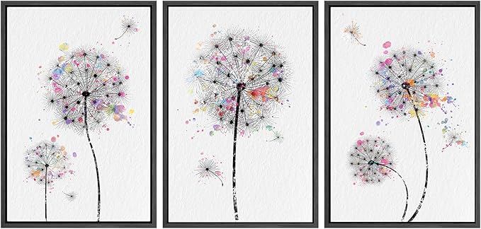 SIGNWIN Framed Canvas Print Wall Art Dandelions & Watercolor Dots Floral Wilderness Drawings Modern Art Rustic Closeup Multicolor Ultra for Living Room, Bedroom, Office - 24"x36"x3 Black