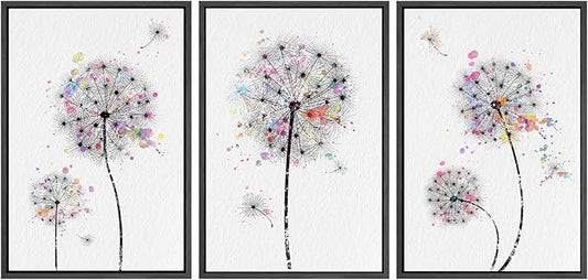 SIGNWIN Framed Canvas Print Wall Art Dandelions & Watercolor Dots Floral Wilderness Drawings Modern Art Rustic Closeup Multicolor Ultra for Living Room, Bedroom, Office - 24"x36"x3 Black