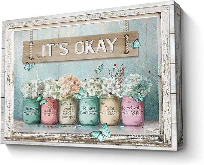 Parylore Inspirational It's Okay Canvas Wall Art Encouraging Bible Verses On Cute Marson Jars and Butterflies Teal Background Artwork for Bedroom Bathroom Office Home Decor 16x24 In