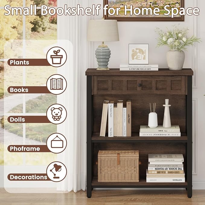 FATORRI Small Bookcase with Drawer, Industrial 3 Shelf Bookshelf, Wood and Metal Book Shelf, Short Book Shelves and Low Book case for Small Space (Rustic Brown)