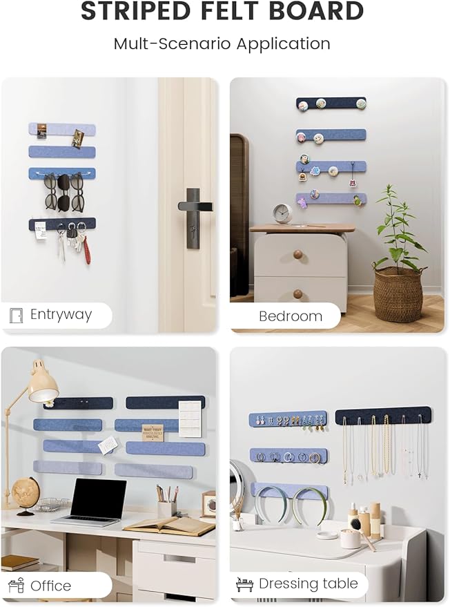 Fluxynara Cork Board Alternative Felt Strip Board 8-Pack 13"x2", Office Pin Board with 50 Push Pins, Adhesive Install for Bedroom Door & Home Office(Denim Mist)