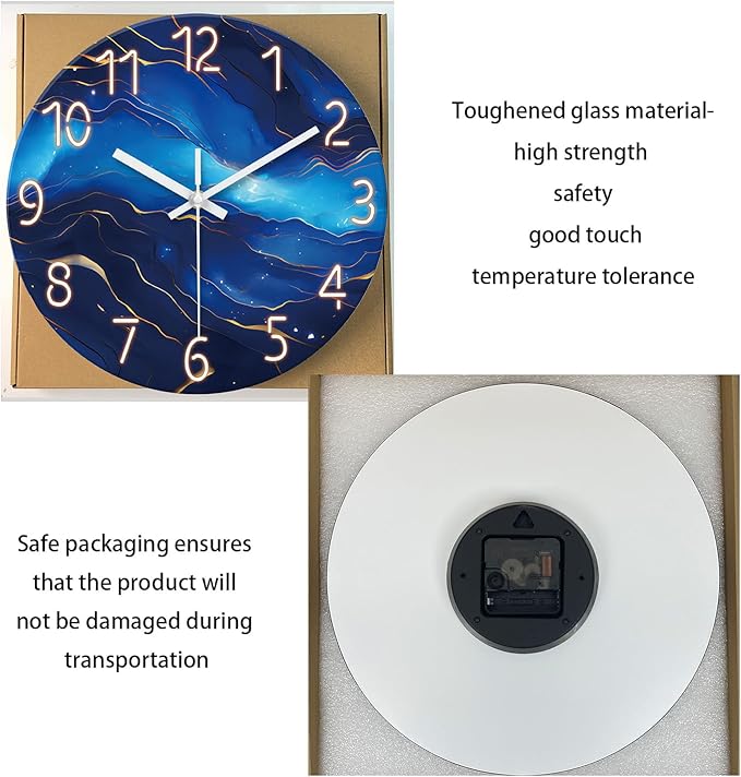 Glass Blue Wall Clocks Battery Operated 16 Inch Marble Pattern Big Clock for Office Abstract Silent Wall Clock Non Ticking