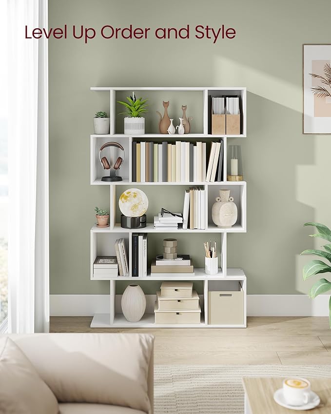 VASAGLE Bookshelf, 5-Tier Bookcase, 9.4 x 35.4 x 62.6 Inches, Storage Shelf with Open Compartments, Modern Style, for Living Room, Bedroom, Office, Matte White ULBC416W01
