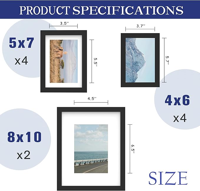 An&He 10 Pack Picture Frames Collage Wall Decor, Gallery Wall Frame Set for Wall or Tabletop Display, Multi Sizes with Two 8x10, Four 5x7, and Four 4x6 Photo Frames, Black