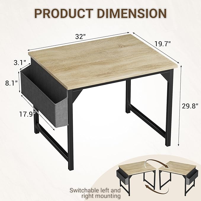 Furmax Computer Desk 32 Inch Small Office Desk with Storage Bag & Headphone Hook, Workstation for Home Office, Modern Writing Study Table (Oak)