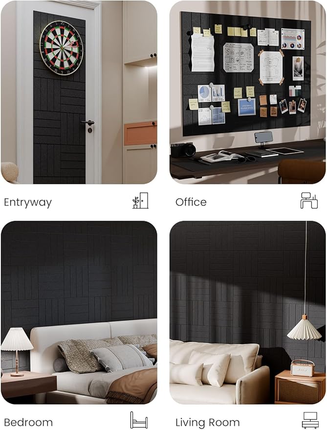 Bumusty Large Cork Board Alternative-48 x 36" Felt Bulletin Board Tiles, with 30 Pushpins, 70 Adhesive Tabs, 12-Pack Slat Wall Paneling, Cork Boards for Office Push Pin Board Felt Board-Black