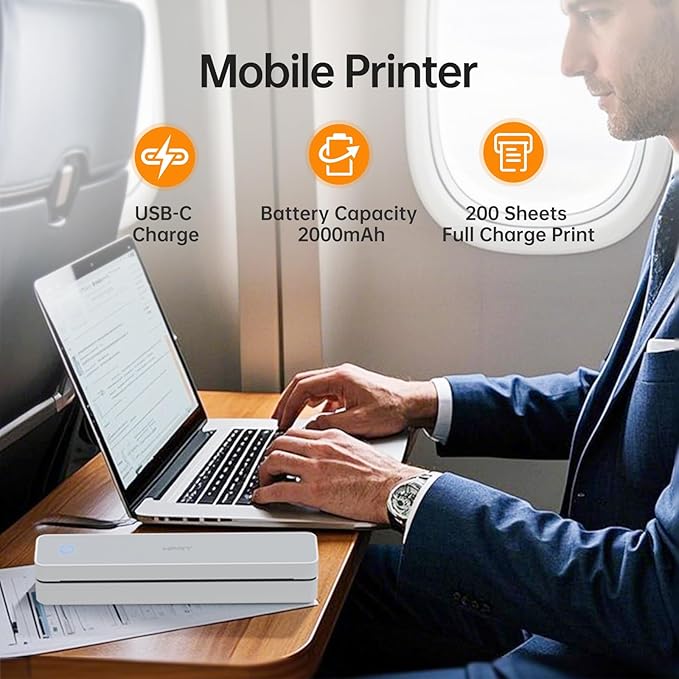 HPRT Portable Printer Wireless for Travel, Bluethooth Inkless Thermal Printer Support for 8.5"x11" US Letter, Compatible with iOS, Android, Laptop for Office and Home, White-Grey
