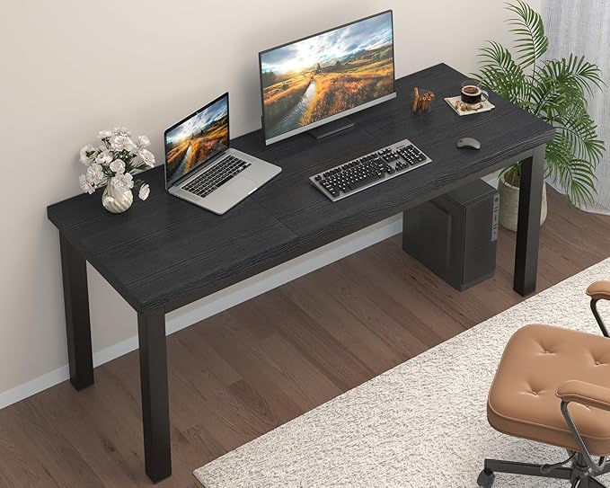 55 Inch Computer Desk, Modern Table with Thick Tabletop, Small Gaming Desk with Adjustable Feet, Study Writing Table for Home Office Work, Black