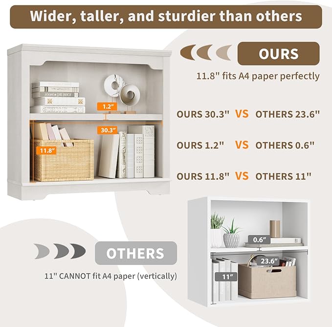HIFYOBRO 2 Tier Bookshelf, 31.5" Wide Wooden Bookcase, 25.8" Tall Book Shelf, Freestanding Open Display Storage Bookshelves for Study Room, Home Office, Living Room (White, 2-Shelf)
