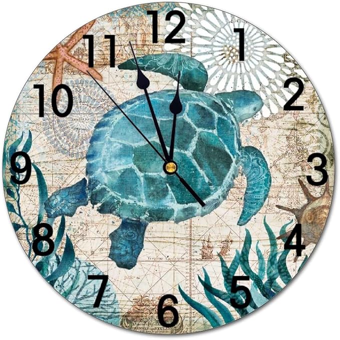 Blue Sea Turtle Nautical Map Retro Ocean Wall Clock Battery Operated Silent Non Ticking Round Clock Art Wall Decor for Home, Office, School 9.8 Inch