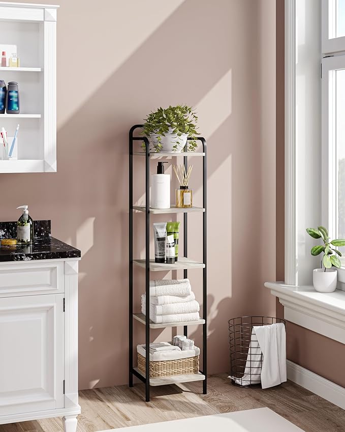 Bookcase Bookshelf, Narrow Book Shelf, Industrial Corner Shelf Storage Organizer, Slim Shelving Unit for Home Office, Living Room, Bedroom, Kitchen, 5-Tier Greige and Black BC24505B