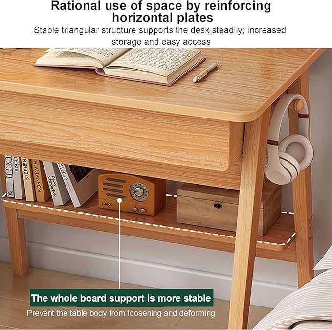 Home Office Writing Desk with Drawers, Modern Wood Table with Storage Shelves & Hooks, Computer Workstation Study Desk Writing Table Simple Zero Assembly Without Chair(31.5inch/80cm, Natural)