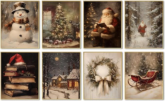 Vintage Christmas Canvas Wall Art Poster Set of 8, Santa Christmas Tree Snowman Pictures Wall Decor, Winter Holiday Paintings Prints Aesthetic Home Decor for Living Room Bedroom 12x16 inch Unframed