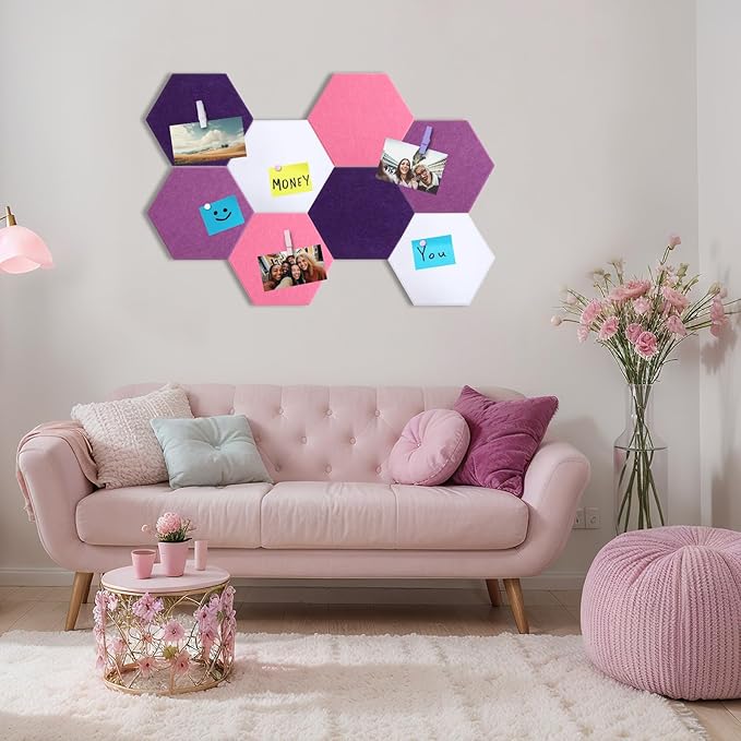 8 Pcs 12" Large Hexagon Felt Cork Bulletin Board Tiles Self Adhesive DIY Pin Board with 50 Push Pins and 10 Colored Clips, Wall Decor for Office Home Kitchen Photos Memos(Pink)